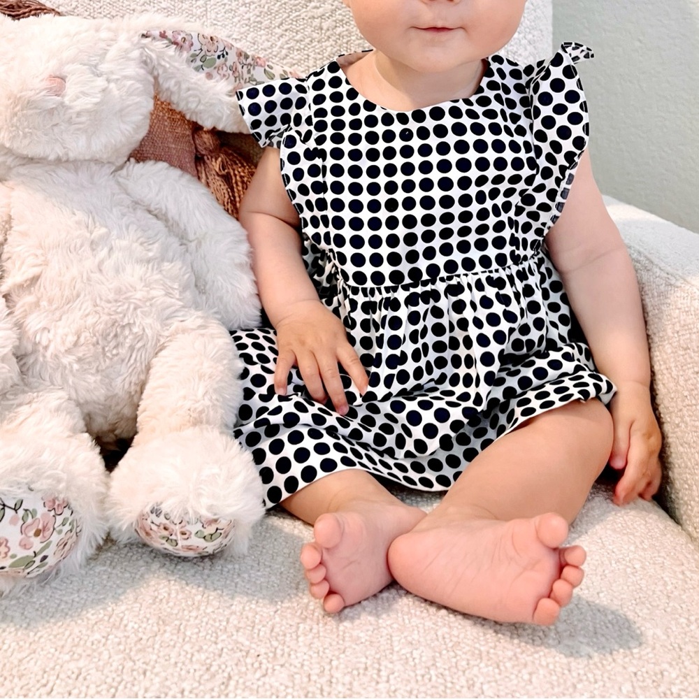 Jacadi Paris Navy and White Ruffled polka dot Sundress - Picture 2 of 10
